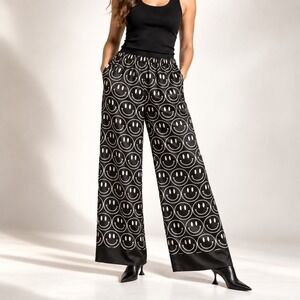 Emy Ave Smiley Face Satin Pants Womens S/M Black White Wide Leg Pull On